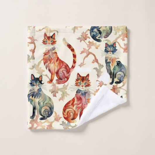 Katzen in einem chinesischen Aquarellmuster Badhandtuch Set (Waschlappen)