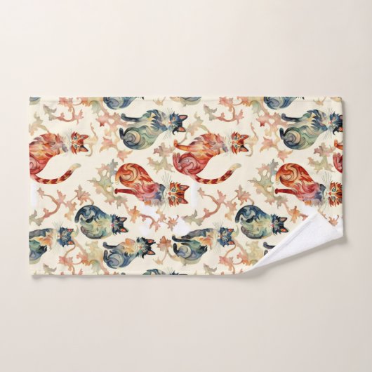 Katzen in einem chinesischen Aquarellmuster Badhandtuch Set (Handtuch)