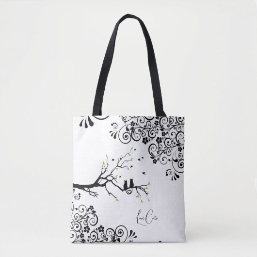 Katzen in einer Baumhütte Herz Schwarz-weißer Wort Tasche (Vorderseite)