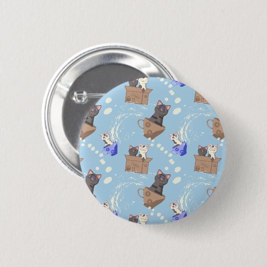 Katzen in Kiste und Milchfallen auf blau Button (Vorne & Hinten)
