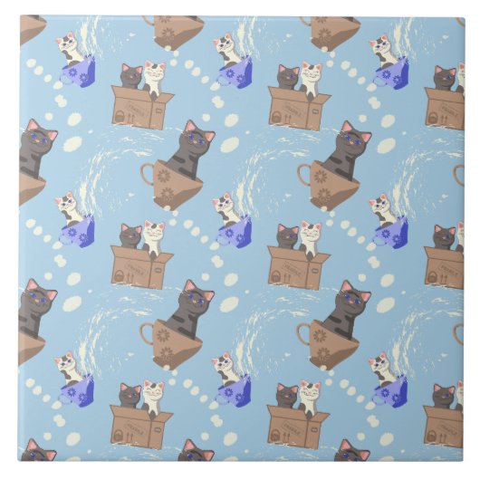 Katzen in Kiste und Milchfallen auf blau Fliese (Vorderseite)