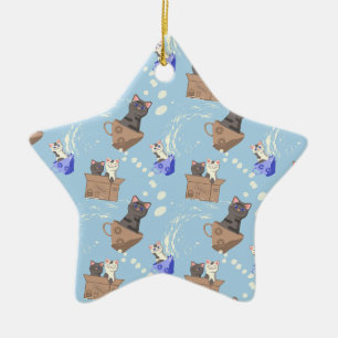 Katzen in Kiste und Milchfallen auf blau Keramik Ornament