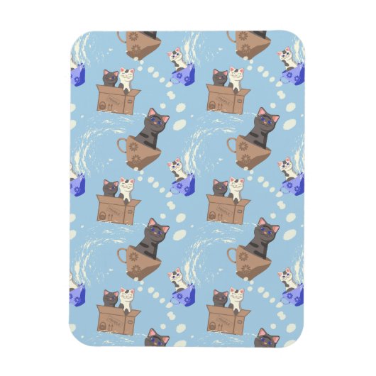 Katzen in Kiste und Milchfallen auf blau Magnet (Vertikal)