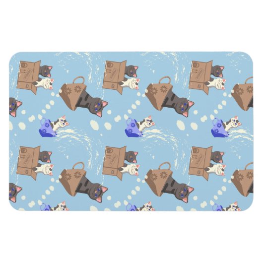 Katzen in Kiste und Milchfallen auf blau Magnet (Horizontal)