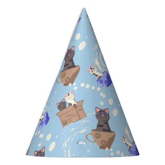 Katzen in Kiste und Milchfallen auf blau Partyhütchen (Links)