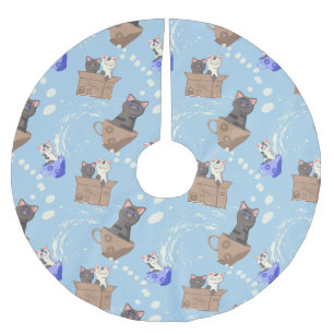 Katzen in Kiste und Milchfallen auf blau Polyester Weihnachtsbaumdecke