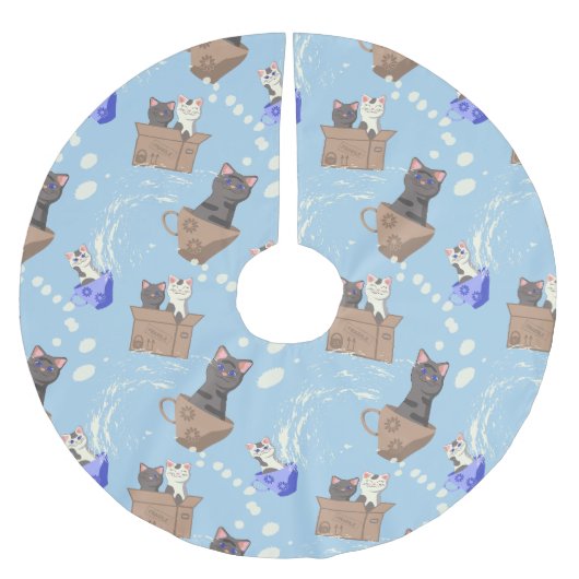 Katzen in Kiste und Milchfallen auf blau Polyester Weihnachtsbaumdecke (Vorderseite)