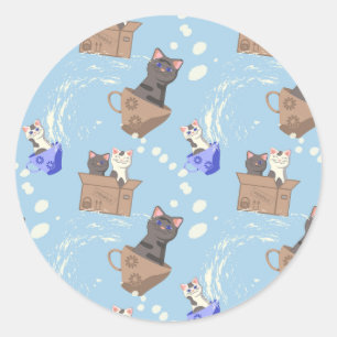 Katzen in Kiste und Milchfallen auf blau Runder Aufkleber