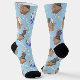 Katzen in Kiste und Milchfallen auf blau Socken