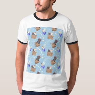 Katzen in Kiste und Milchfallen auf blau T-Shirt