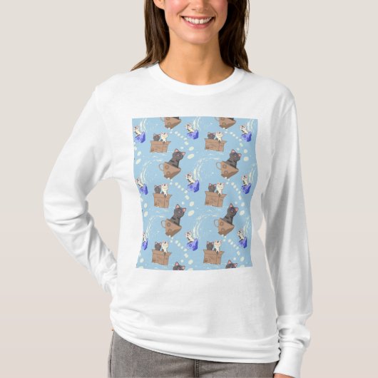 Katzen in Kiste und Milchfallen auf blau T-Shirt (Vorderseite)