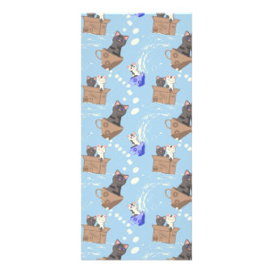 Katzen in Kiste und Milchfallen auf blau Werbekarte