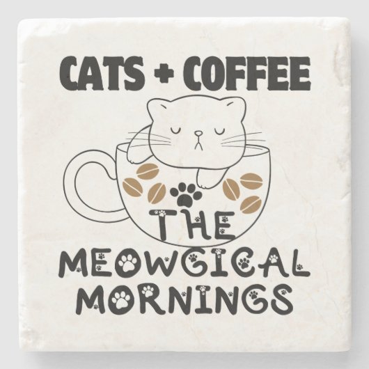 Katzen + Kaffee = Meowgical mornings.w Steinuntersetzer (Vorderseite)