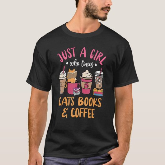 Katzen Kaffee und Bücher für Frauen Mädchen Katze  T-Shirt (Vorderseite)