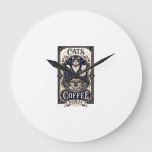 Katzen Kaffee Wiederholung Katze Kaffee Vintage Ve Große Wanduhr
