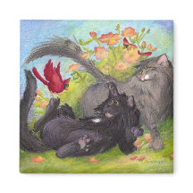 Katzen, Kardinäle und Rose / Magnet