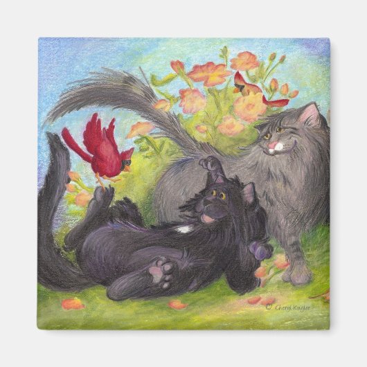 Katzen, Kardinäle und Rose / Magnet (Vorne)