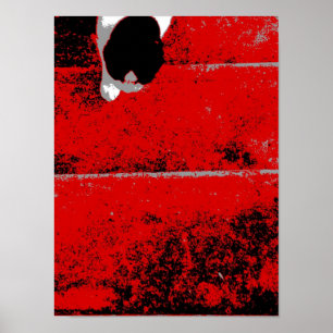 Katzen-kletternder Treppen-roter Schwarz-weißer Poster
