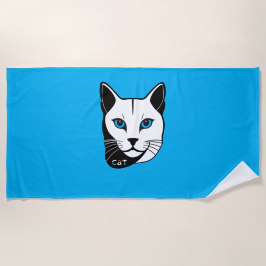 Katzen Kopf in Schwarz-Weiß Blaue Augen + Text Strandtuch (Vorderseite)