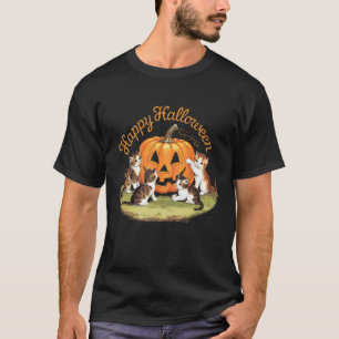 Katzen-Kürbis-Vintage-Halloween-Blumen-Unheimliche T-Shirt
