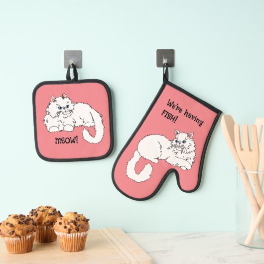 Katzen Liebe Fisch Ofenhandschuh & Topflappen-Set (Insitu (Hängend))