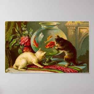 Katzen-Liebe-Fisch-Vintages Plakat