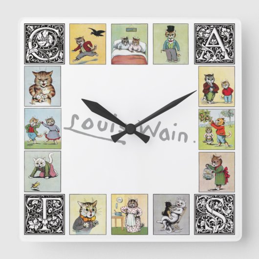 Katzen, Louis Wain Quadratische Wanduhr (Vorderseite)
