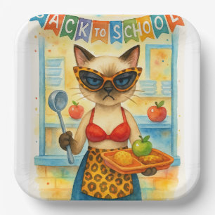 Katzen-Lunch-Lady serviert Essen zum Thema „Back t Pappteller