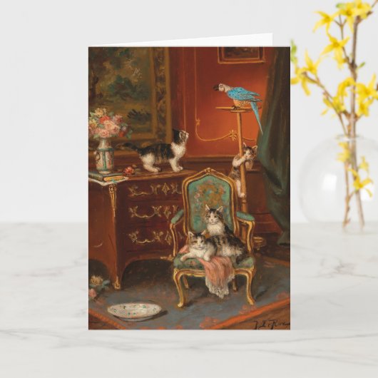 Katzen mit Papagei spielen | Jules Le Roy Karte (Gelbe Blume)