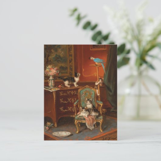 Katzen mit Papagei spielen | Jules Le Roy Postkarte (Stehend Vorderseite)
