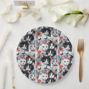 Katzen mit rosa Blume und Schmetterlingen Pappteller
