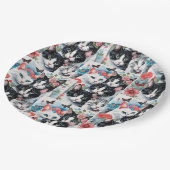 Katzen mit rosa Blume und Schmetterlingen Pappteller (Schrägansicht)