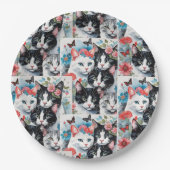 Katzen mit rosa Blume und Schmetterlingen Pappteller (Vorderseite)