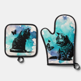 Katzen mit Schmetterlingen Ofenhandschuh & Topflappen-Set