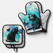 Katzen mit Schmetterlingen Ofenhandschuh & Topflappen-Set (Vorderseite/Rückseite)