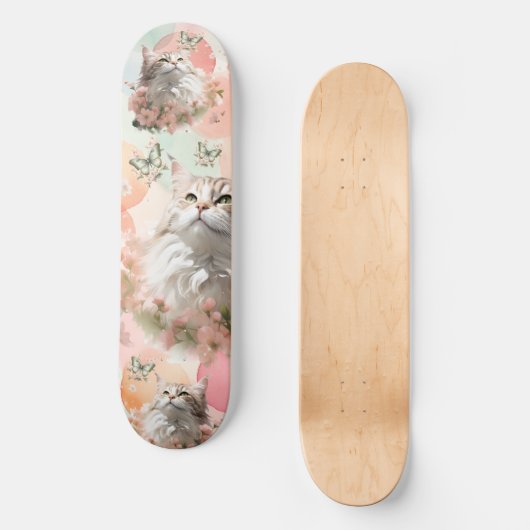 Katzen mit Schmetterlingen Rosa und Pastellfarben Skateboard (Vorderseite)