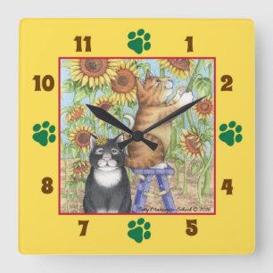Katzen mit Sonnenblume-quadratischer Wanduhr