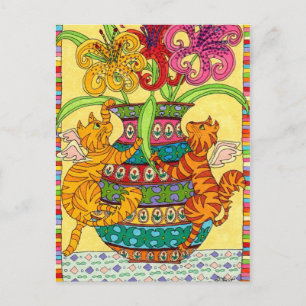 Katzen mit Verzierter Lilienvase Postkarte