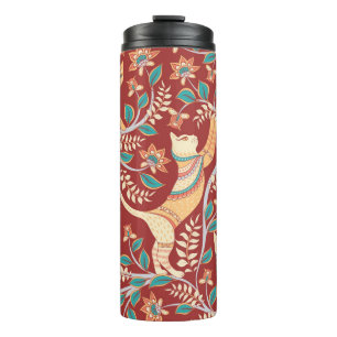 Katzen mit Verzierungen, Zweige mit Blume und Lede Thermosbecher