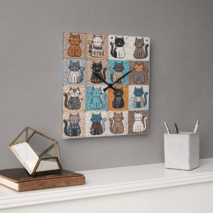 Katzen-Patchwork-Quilt-Muster Quadratische Wanduhr