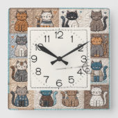 Katzen-Patchwork-Quilt-Muster Quadratische Wanduhr (Vorderseite)