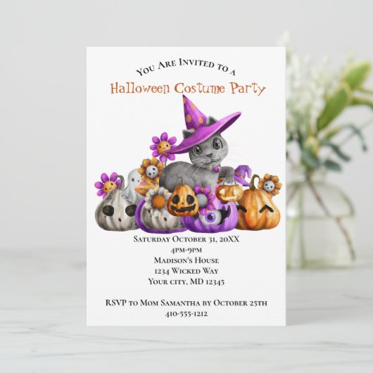 Katzen Pumpkins Lila Orange Kids Halloween-Party Einladung (Stehend Vorderseite)