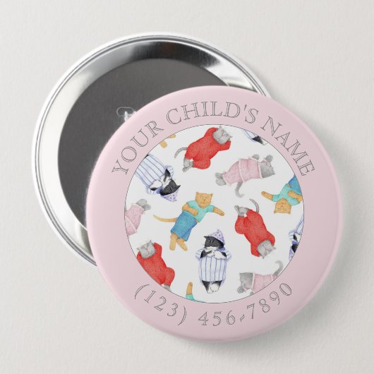 KATZEN-PYJAMA Kinder-ID-Anhänger - Rosa Button (Vorne & Hinten)