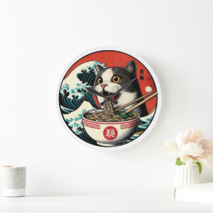 Katzen-Ramen japanische Kunst im Vintage-Stil Große Wanduhr