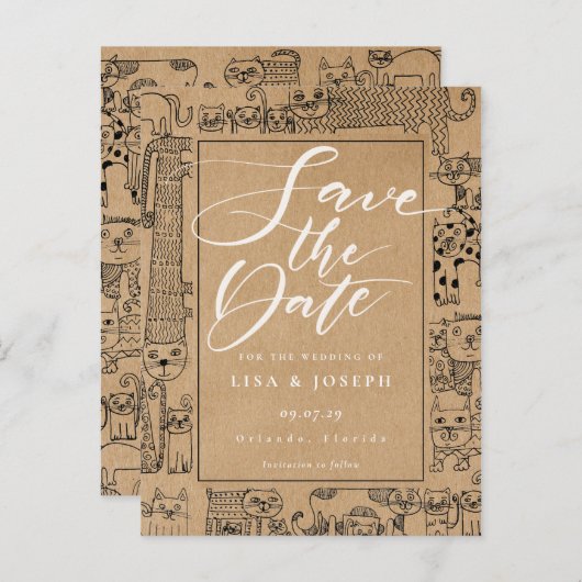 Katzen Rustikale Kraft Drehbuch Save the Date Ankündigungspostkarte (Vorne/Hinten)