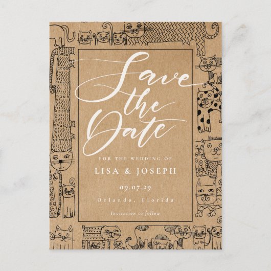 Katzen Rustikale Kraft Drehbuch Save the Date Ankündigungspostkarte (Vorderseite)