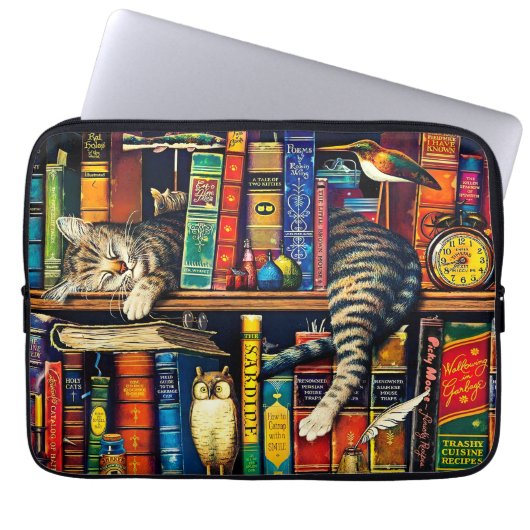 Katzen Schlafen in der virtuellen Bibliothek, farb Laptopschutzhülle (Vorderseite)