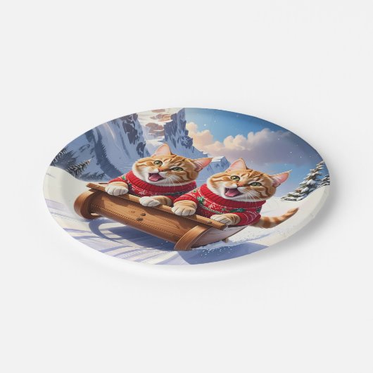 Katzen Schlittenfahrt Pappteller (Schrägansicht)