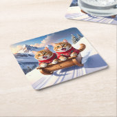 Katzen Schlittenfahrt Rechteckiger Pappuntersetzer (angewinkelt)