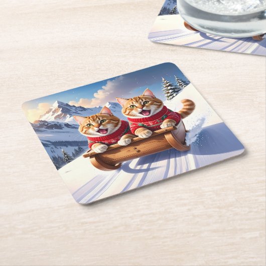 Katzen Schlittenfahrt Rechteckiger Pappuntersetzer (angewinkelt)